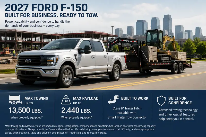 2027 Ford F-150 towing a commercial equipment trailer for business use