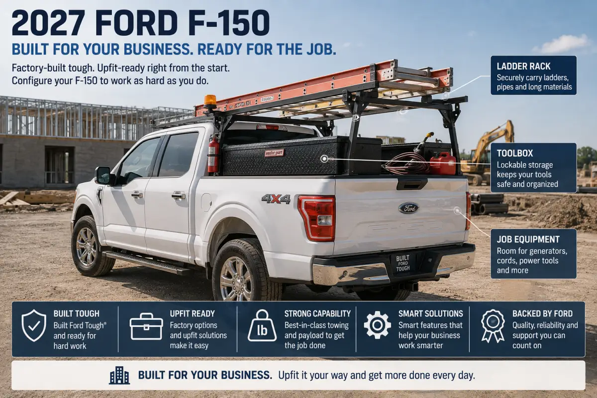 2027 Ford F-150 commercial upfit with toolbox, ladder rack and jobsite equipment