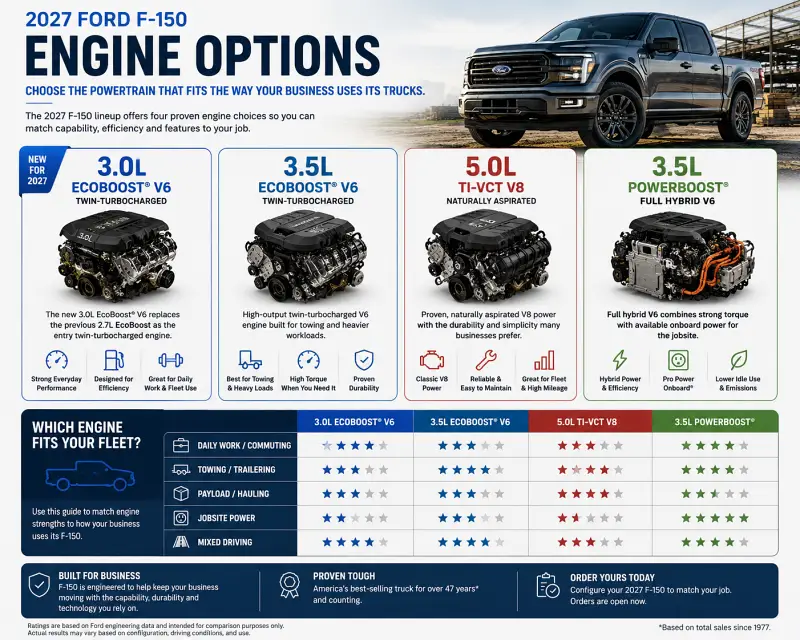 2027 Ford F-150 engine options including 3.0L EcoBoost, 3.5L EcoBoost, 5.0L V8 and 3.5L PowerBoost Hybrid