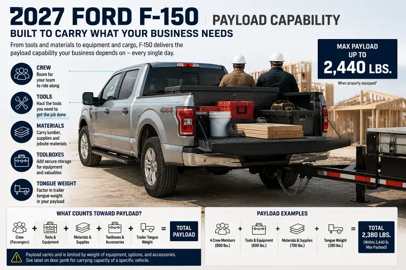 2027 Ford F-150 payload capability showing crew, tools, materials, toolbox and trailer tongue weight