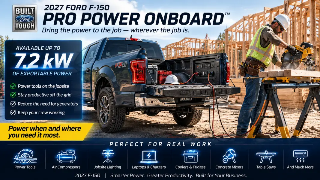2027 Ford F-150 Pro Power Onboard powering tools at a commercial construction jobsite