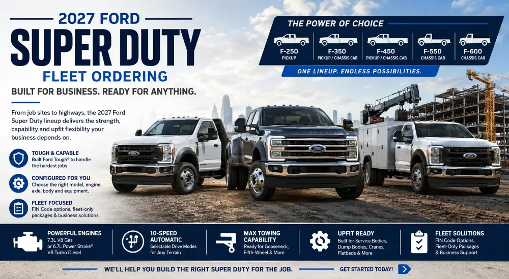 2027 Ford Super Duty fleet ordering showing F-250, F-350, F-450, F-550 and F-600 commercial truck options