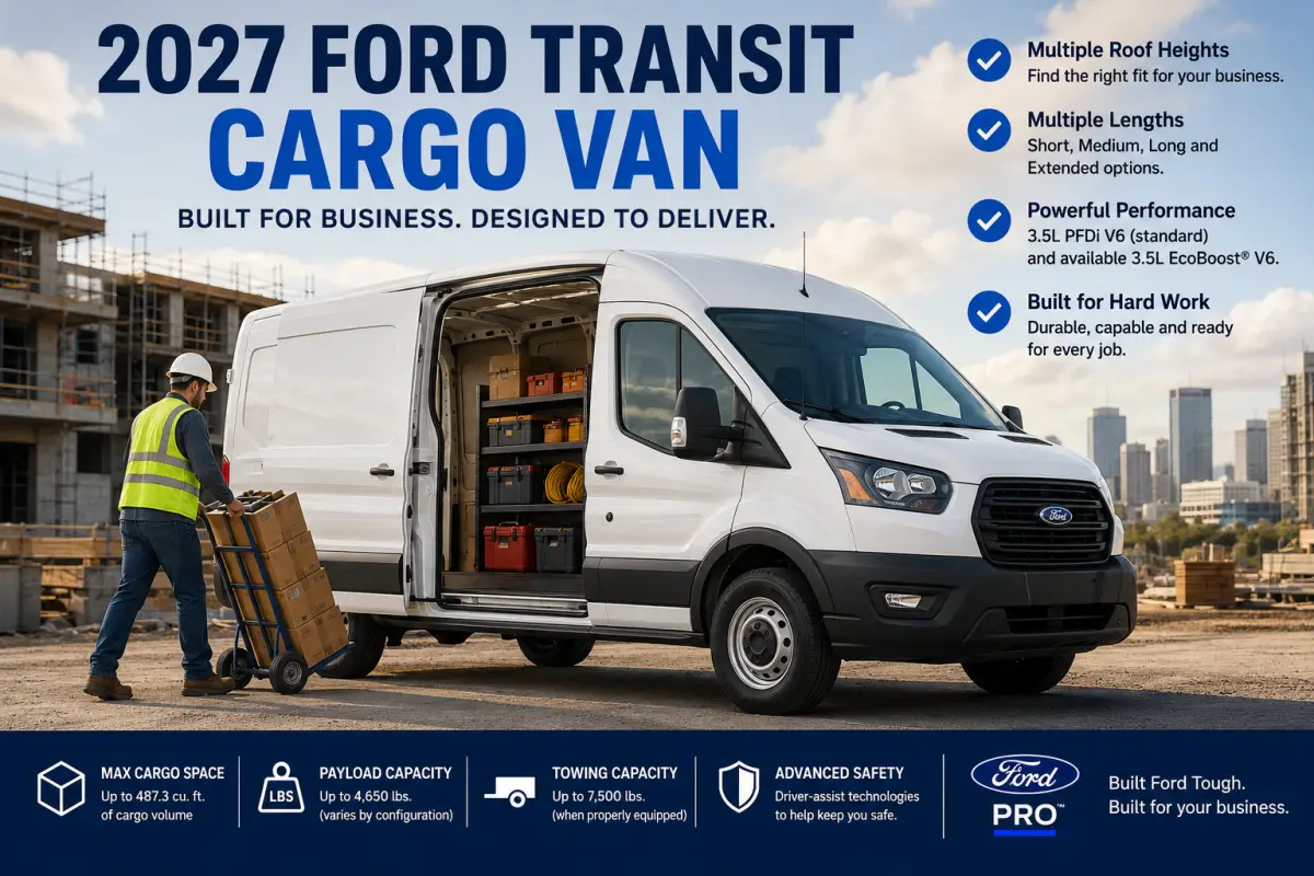 2027 Ford Transit Cargo Van for business with commercial shelving, tools and equipment