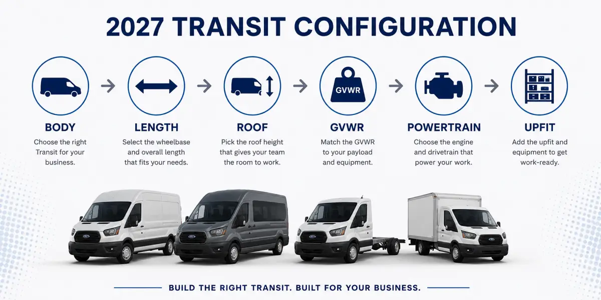 2027 Ford Transit configuration guide showing body, length, roof, GVWR, powertrain and commercial upfit choices