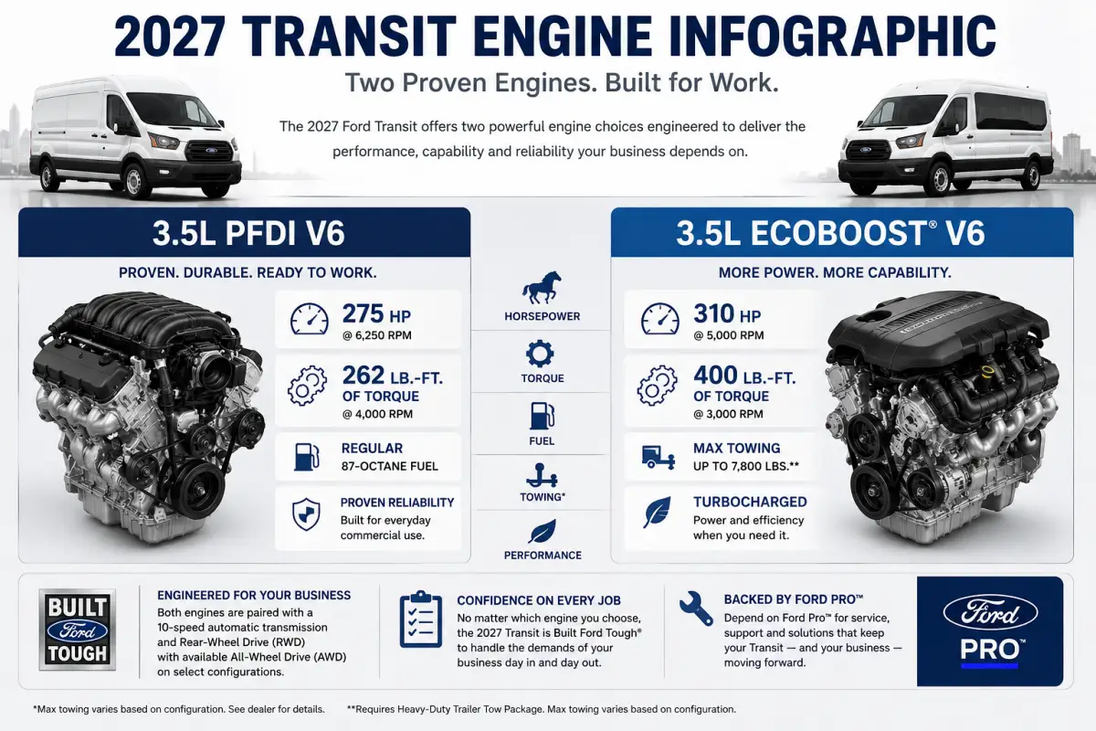 2027 Ford Transit engine options comparing the 3.5L PFDi V6 and 3.5L EcoBoost V6