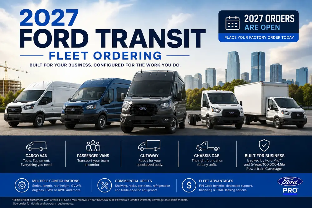 2027 Ford Transit fleet ordering showing Cargo Van, Passenger Van, Cutaway and Chassis Cab commercial configurations