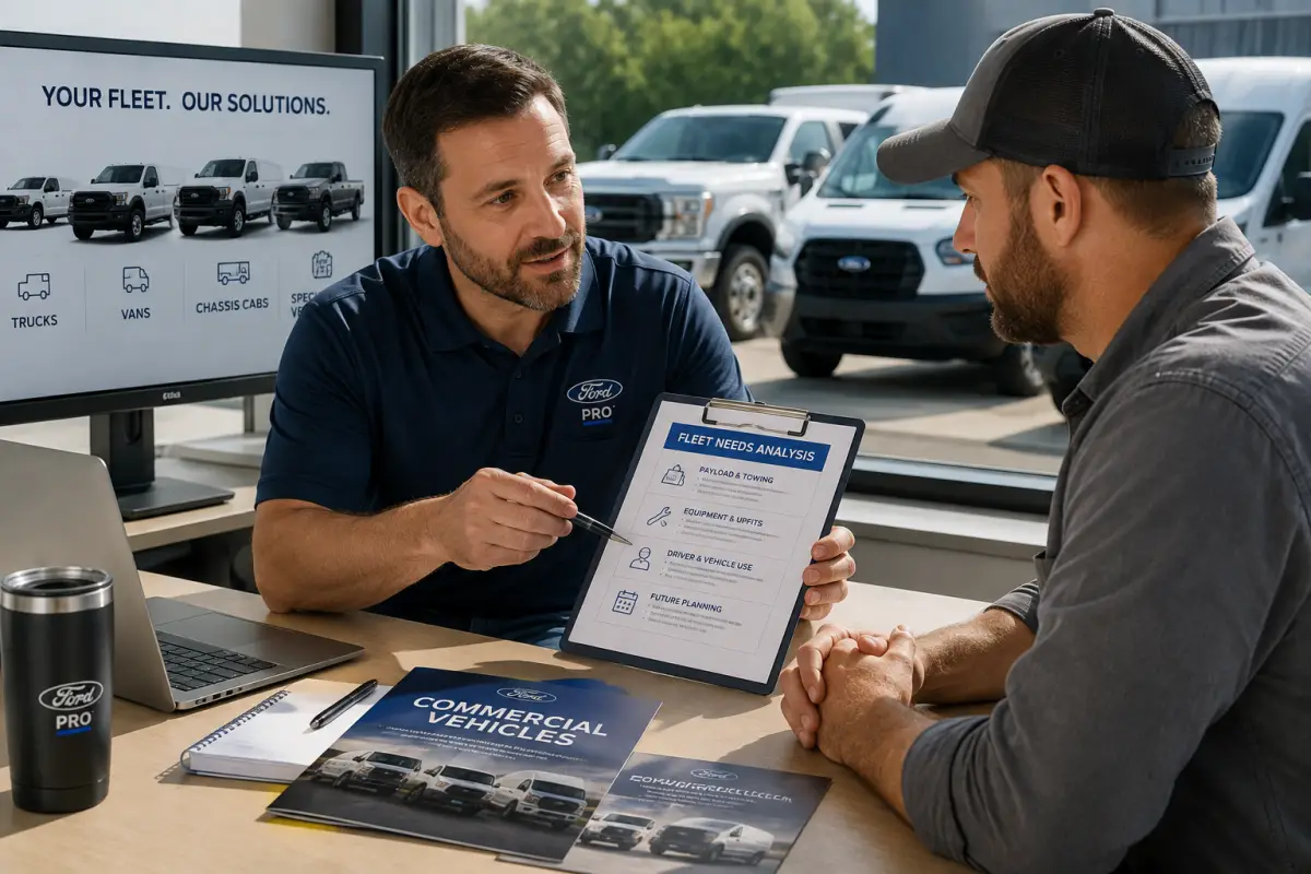 Ford Commercial Vehicle Fleet Needs Planning Commercial account manager reviewing Ford vehicle and fleet needs with a business customer