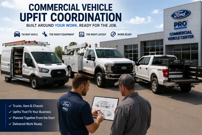 Ford commercial vehicle upfit coordination with Transit van, Super Duty service truck and work pickup