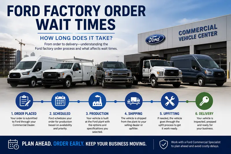Ford factory order wait times showing the commercial vehicle ordering process from order placement through production, shipping, upfitting and delivery