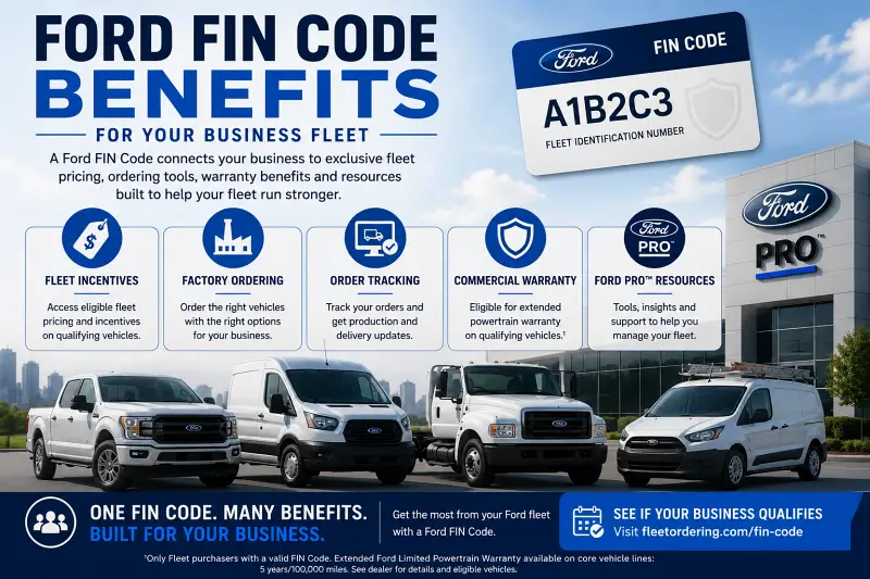 Ford FIN Code benefits for business fleets including fleet incentives, factory ordering, order tracking, commercial warranty coverage and Ford Pro resources