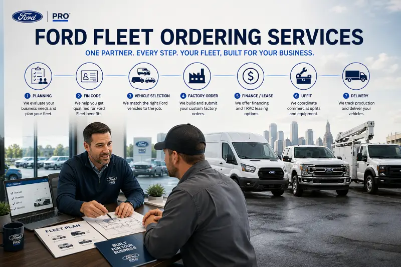 Ford fleet ordering services including planning, FIN Code assistance, factory ordering, financing, upfits and fleet management