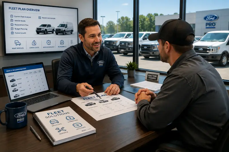 Ford Fleet Planning and Consultation Ford fleet planning consultation with a business owner reviewing commercial vehicle needs