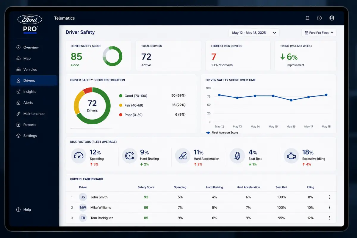 Ford Telematics dashboard showing driver safety scores and fleet driving behavior