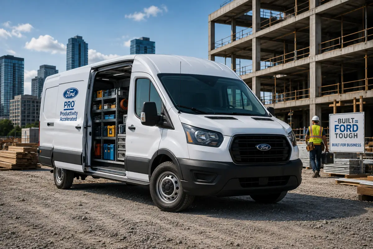 Ford Transit commercial work van with organized shelving and equipment
