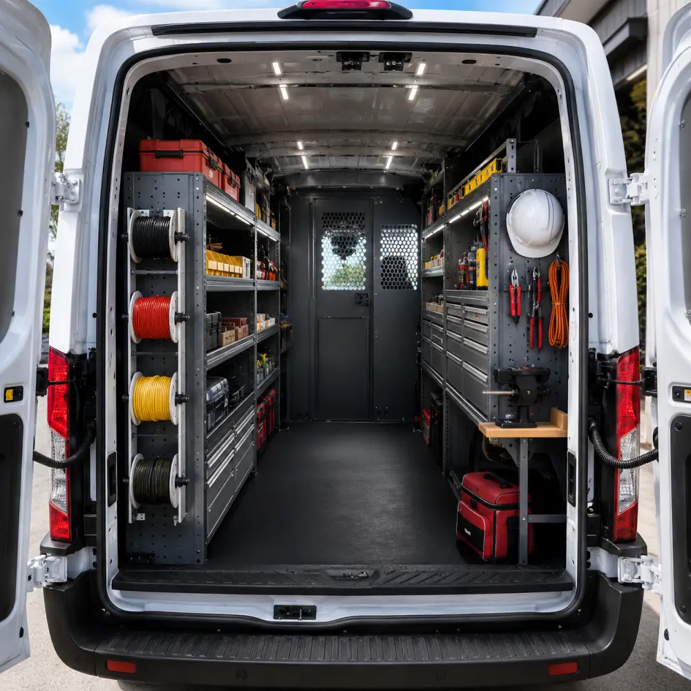 Ford Transit commercial van interior with shelving and work van upfit equipment
