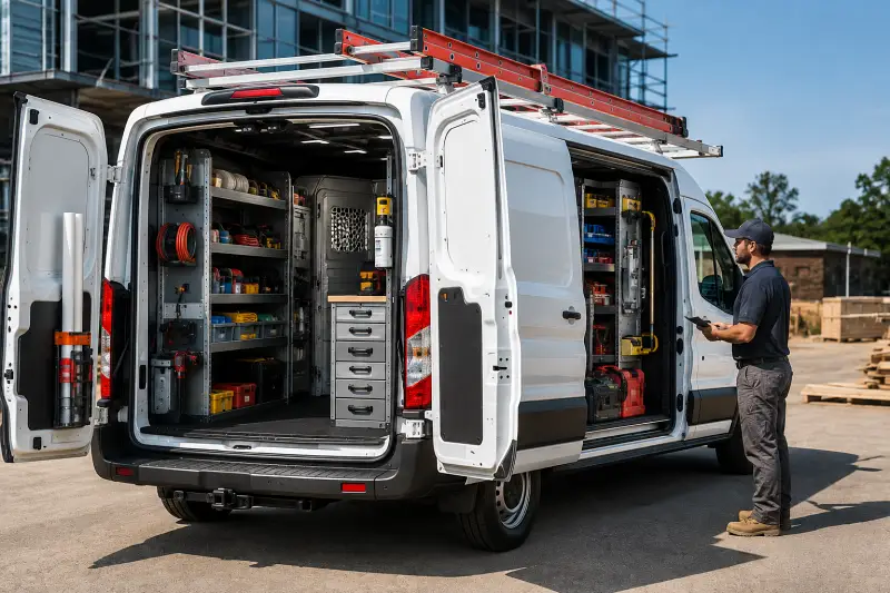 Ford Transit cargo van with commercial shelving, tool storage and ladder rack