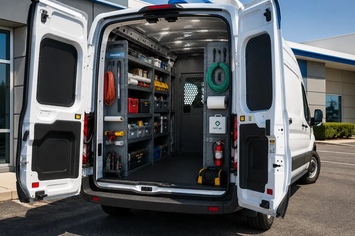 Ford Transit commercial van with custom shelving and equipment storage