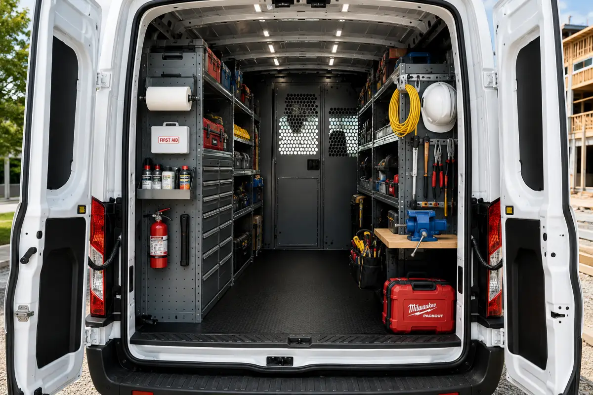 Ford Transit work van interior with commercial shelving and tool storage