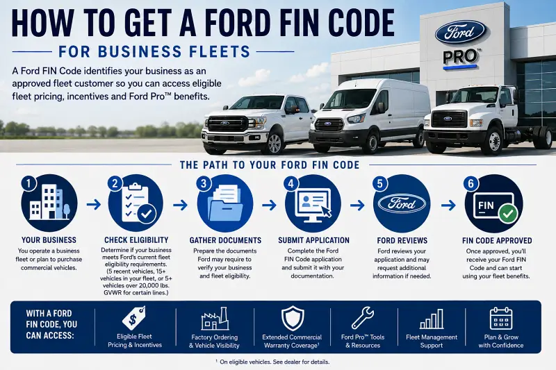 How to get a Ford FIN Code for a business, from checking fleet eligibility and gathering documents to submitting an application and receiving approval
