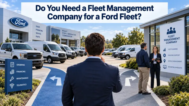 Business owner considering Ford fleet ordering and services alongside a separate fleet management company