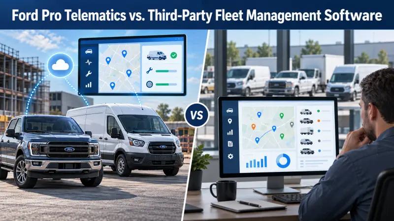 Ford commercial vehicles connected to a telematics dashboard compared with a manager using third-party fleet software