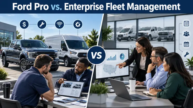 Ford commercial vehicle ordering and support compared with a fleet management team reviewing leasing and vehicle operations