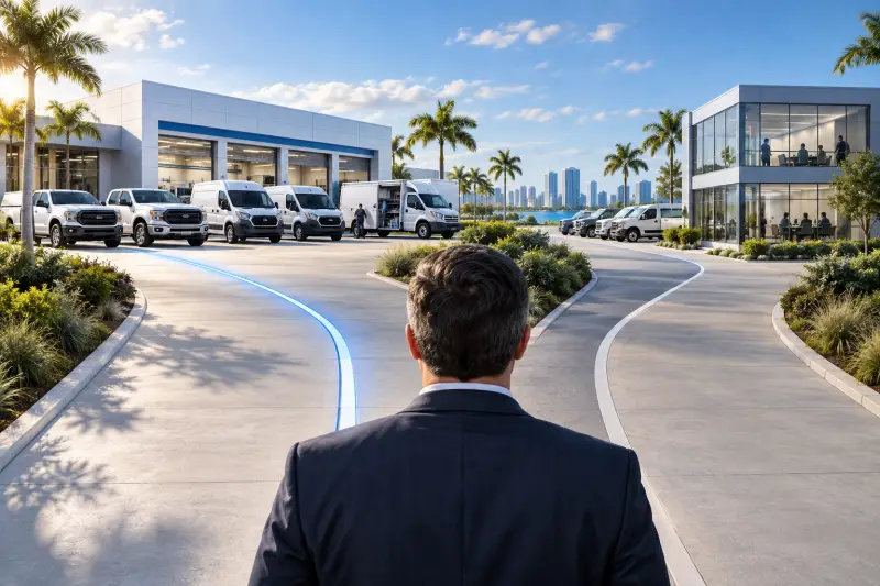 Business decision-maker facing two routes: a connected commercial fleet and service facility, and a route through a separate leasing office.