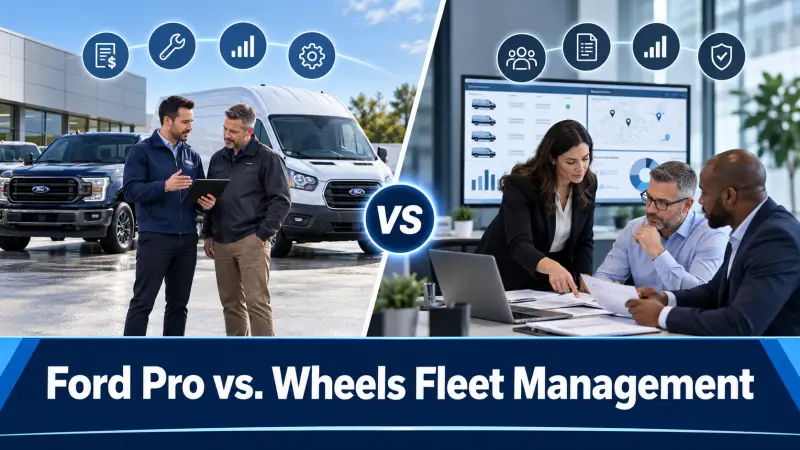 Ford commercial vehicles and account support compared with a fleet management team reviewing vehicle data and services