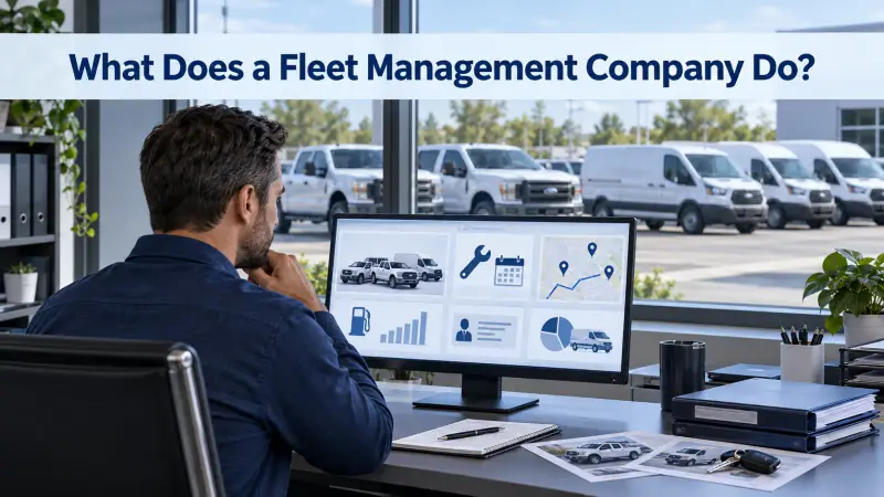 Fleet manager reviewing commercial vehicles, maintenance schedules, routes, fuel data, and driver records on a dashboard