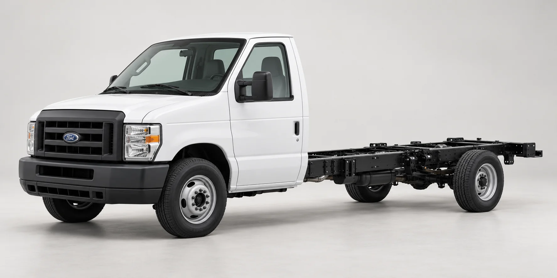 Build and order a 2027 Ford E-350 cutaway chassis — representative white single-rear-wheel chassis; body supplied separately