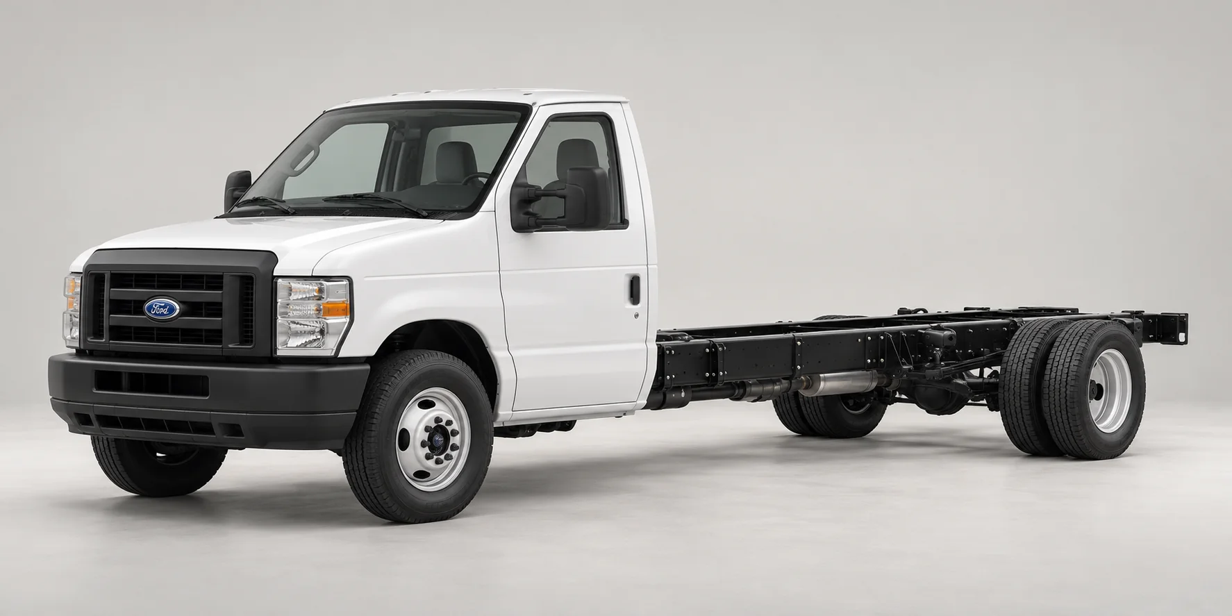 Build and order a 2027 Ford E-450 cutaway chassis — representative white dual-rear-wheel chassis; body supplied separately